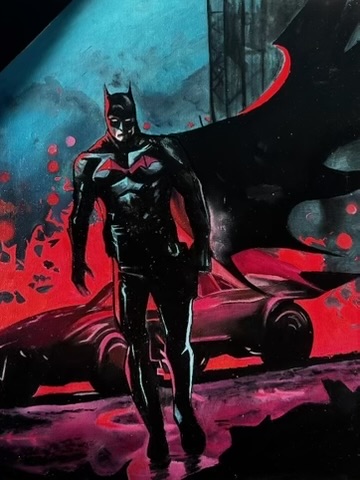 Print of a painting of Batman walking away from a Batmobile