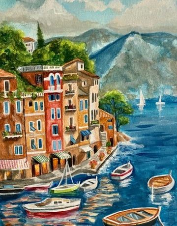Print of a painting of colourful coastal houses above a blue sea