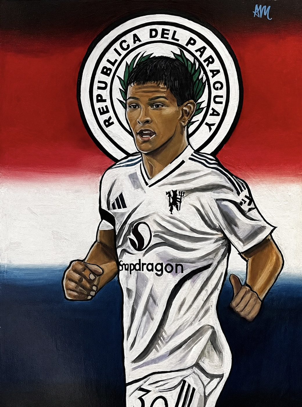 The Diego León portrait: the footballer in a white shirt before the Paraguay flag and crest