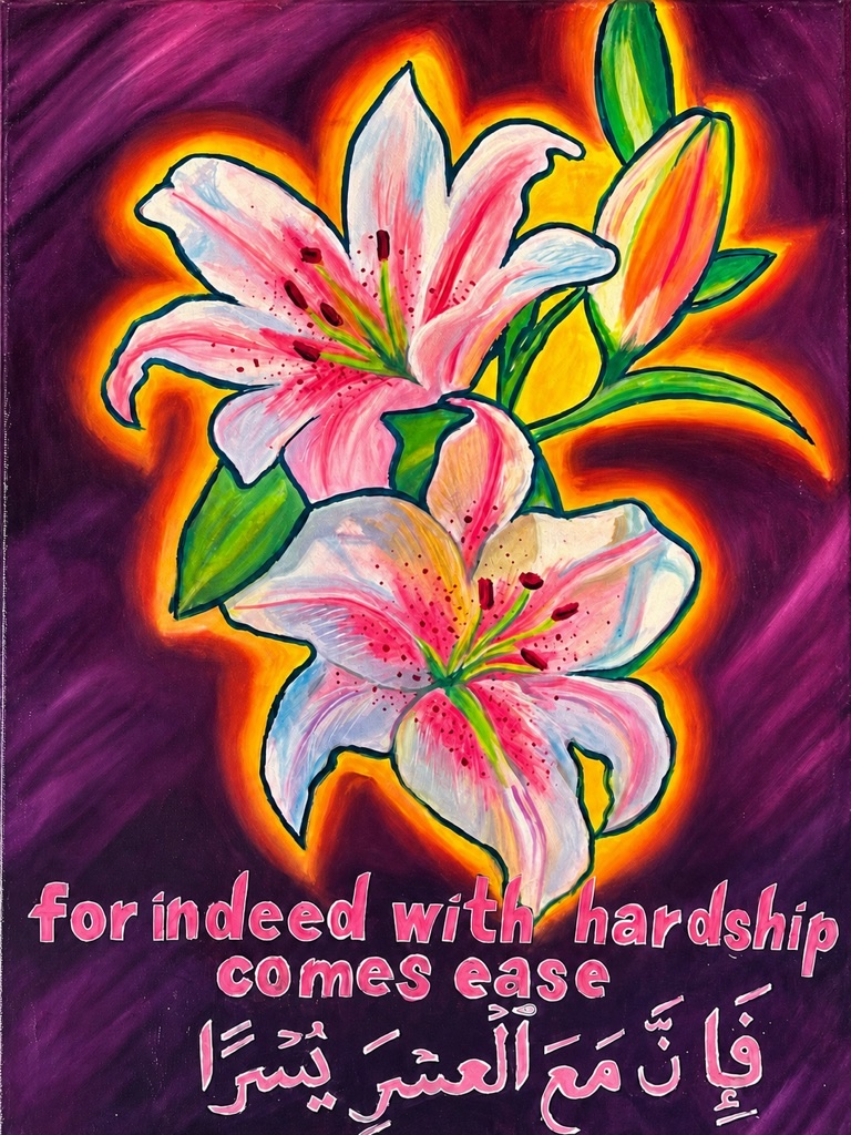 Painting of pink lilies with English and Arabic lettering