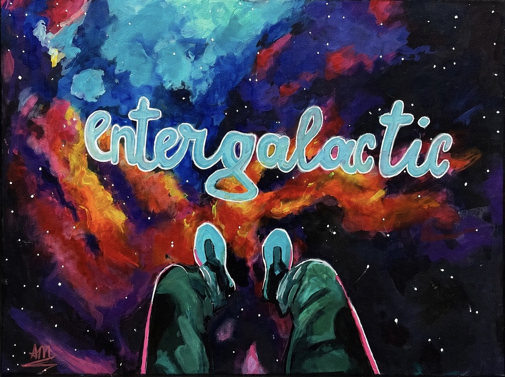 Painting of a colourful nebula with the hand lettered word entergalactic above a pair of trainers