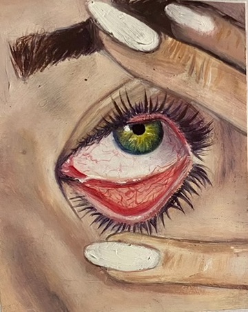 Close up painting of an eye held between fingertips