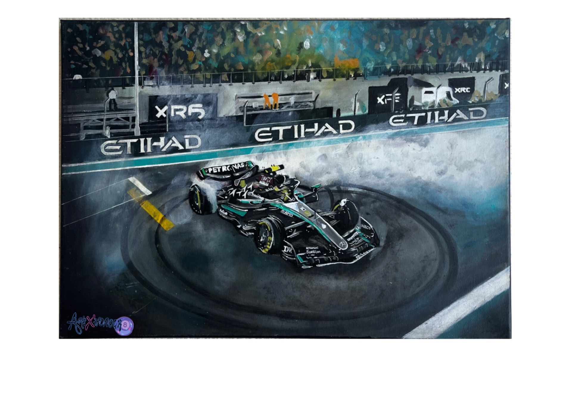 Painting of a black and teal Formula 1 car spinning donuts in tyre smoke on a floodlit track