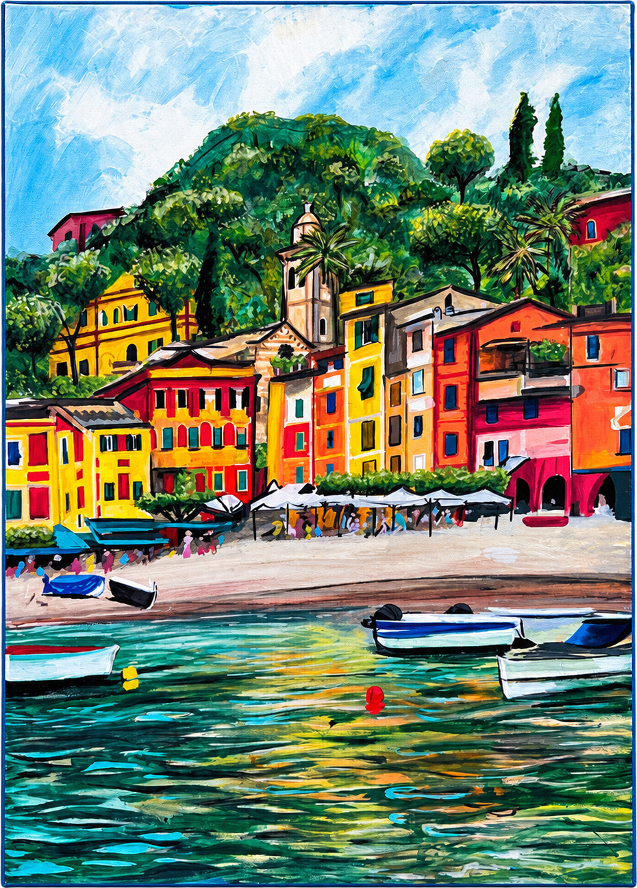 Painting of colourful harbour houses below a green hill with boats on the water