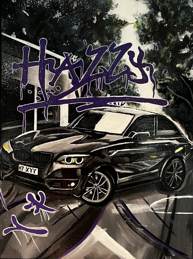 Painting of a black BMW at night with purple graffiti lettering reading Hazzy
