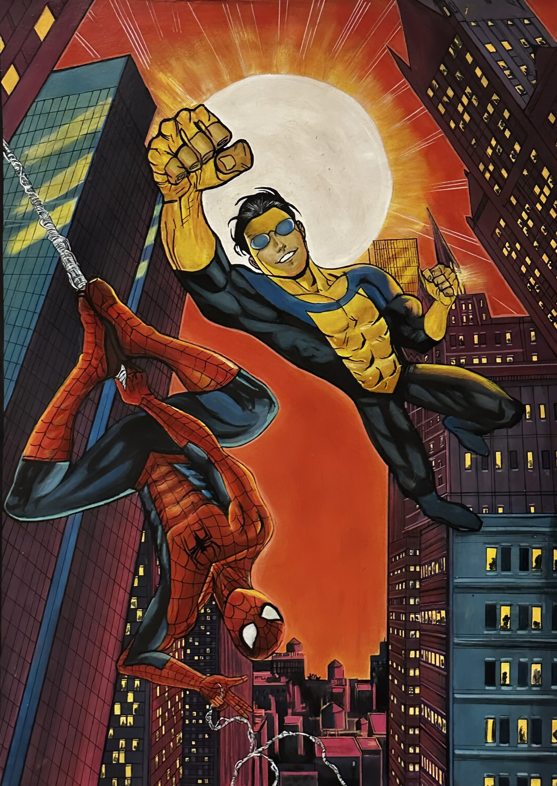 Painting of Spider-Man hanging upside down beside Invincible in front of a bright sun and city skyscrapers