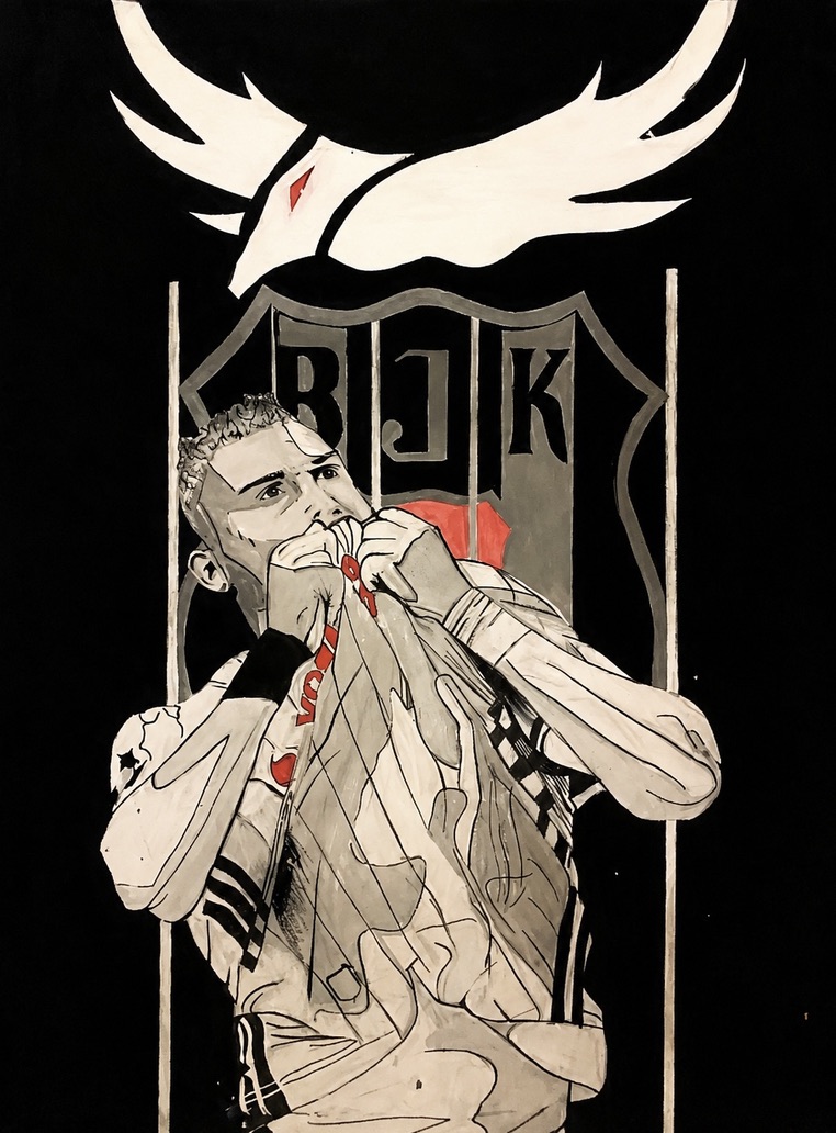 Painting of a footballer kissing his shirt badge