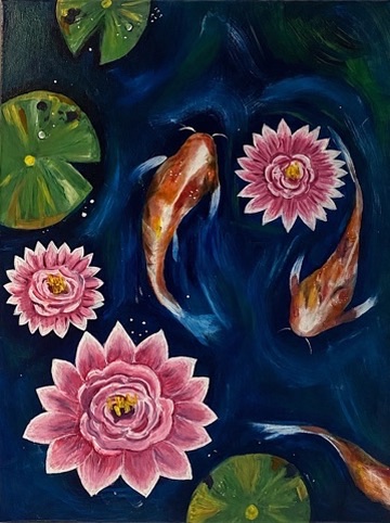 Painting of koi fish swimming among pink lotus flowers
