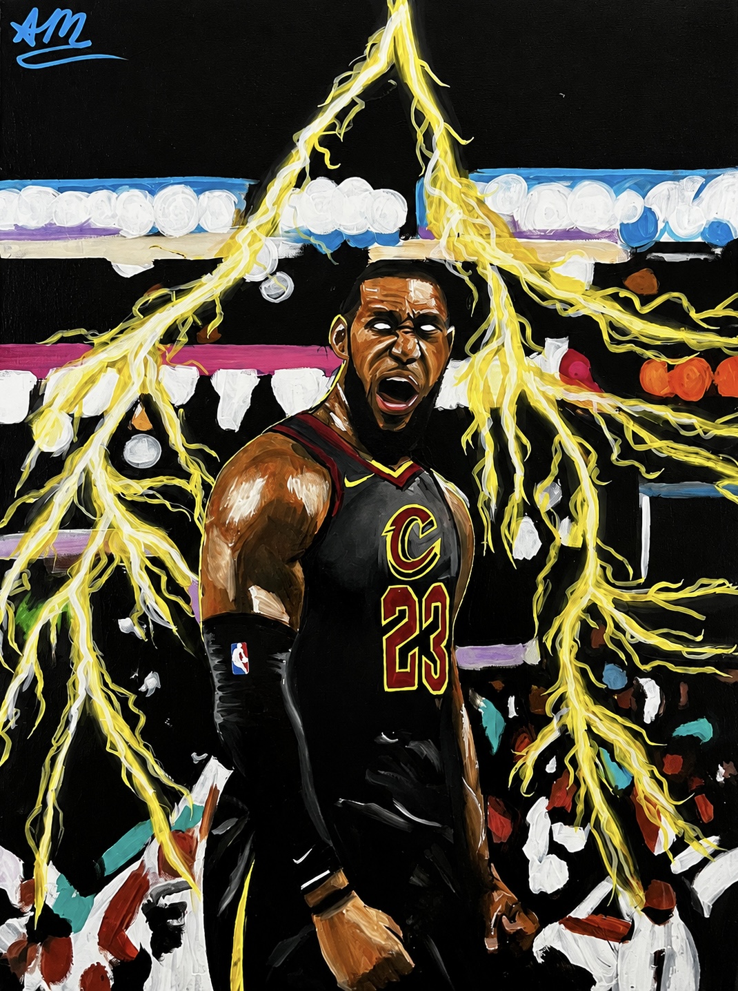 Print of a basketball portrait painted with lightning