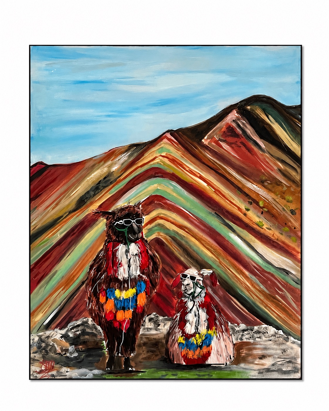 Painting of two llamas wearing sunglasses in front of striped rainbow mountains