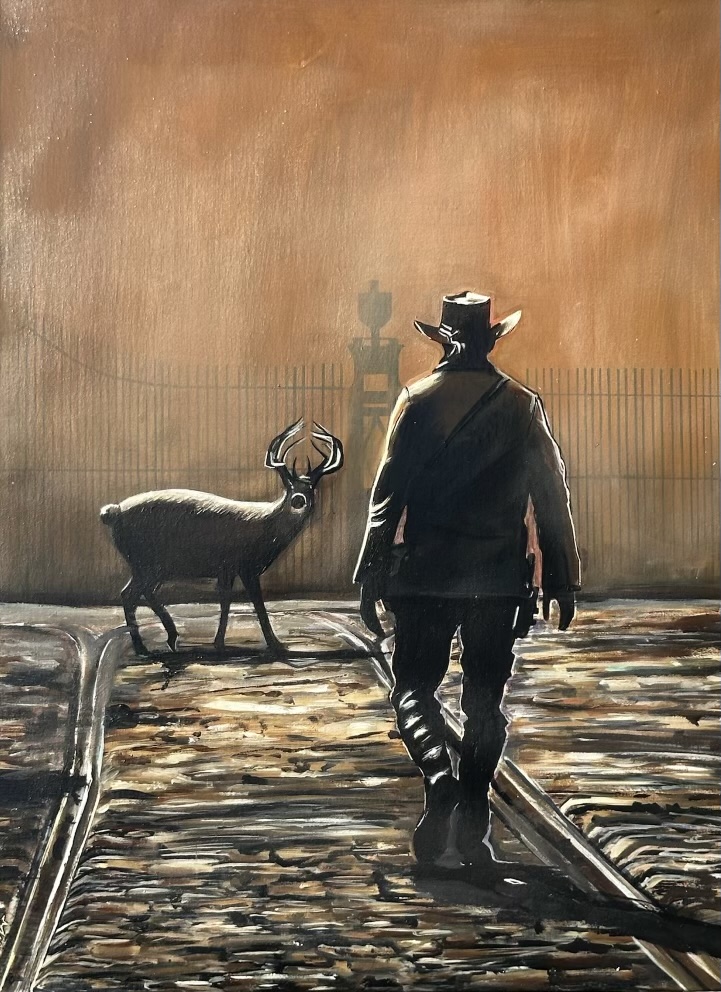 Painting of a lone cowboy and stag crossing a rain-soaked frontier