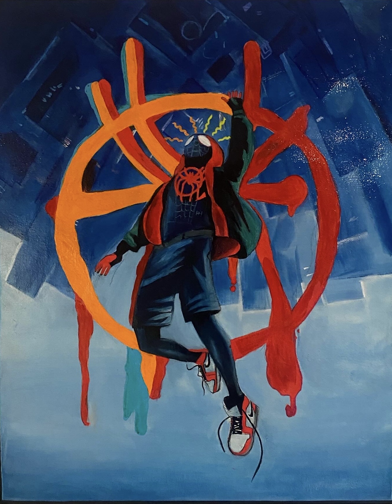 Painting of a masked figure suspended in front of orange and red linework