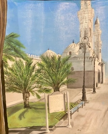 Painting of a white mosque with minarets and palm trees under a blue sky