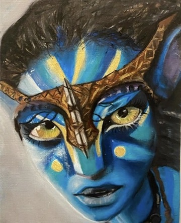Close portrait painting in saturated blue with a gold headpiece