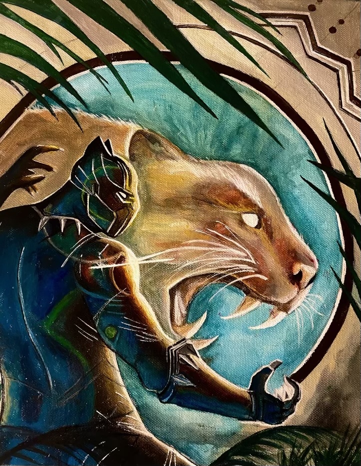 Painting of a superhero figure beside the profile of a roaring panther