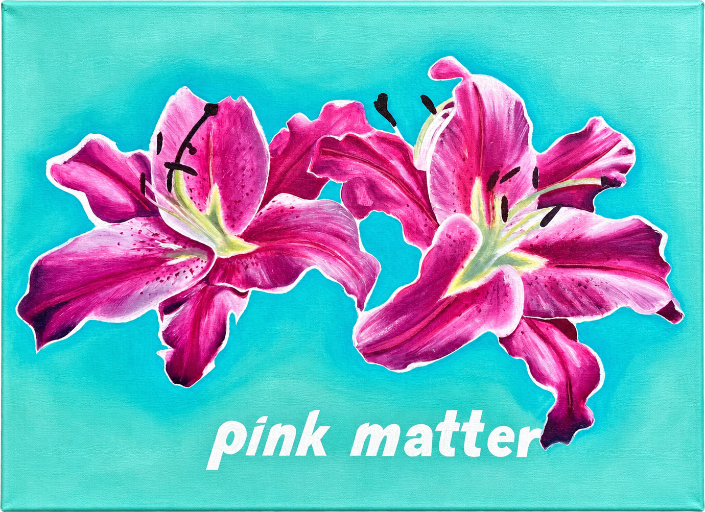 Painting of two pink lilies on a turquoise background with the words pink matter lettered in white