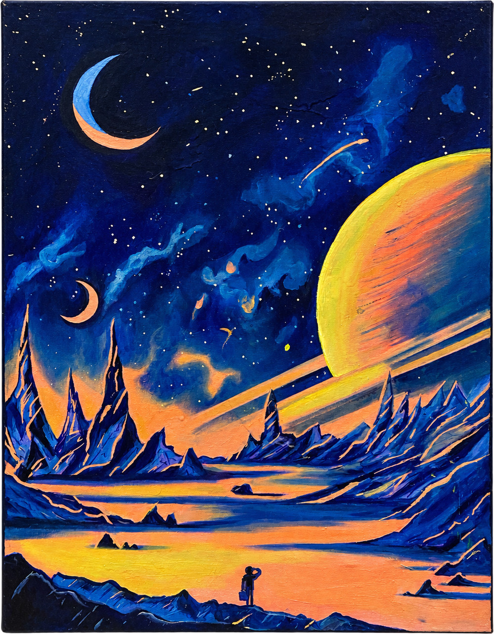 Painting of a small figure beneath a huge ringed planet and crescent moons above an orange lake and blue mountains