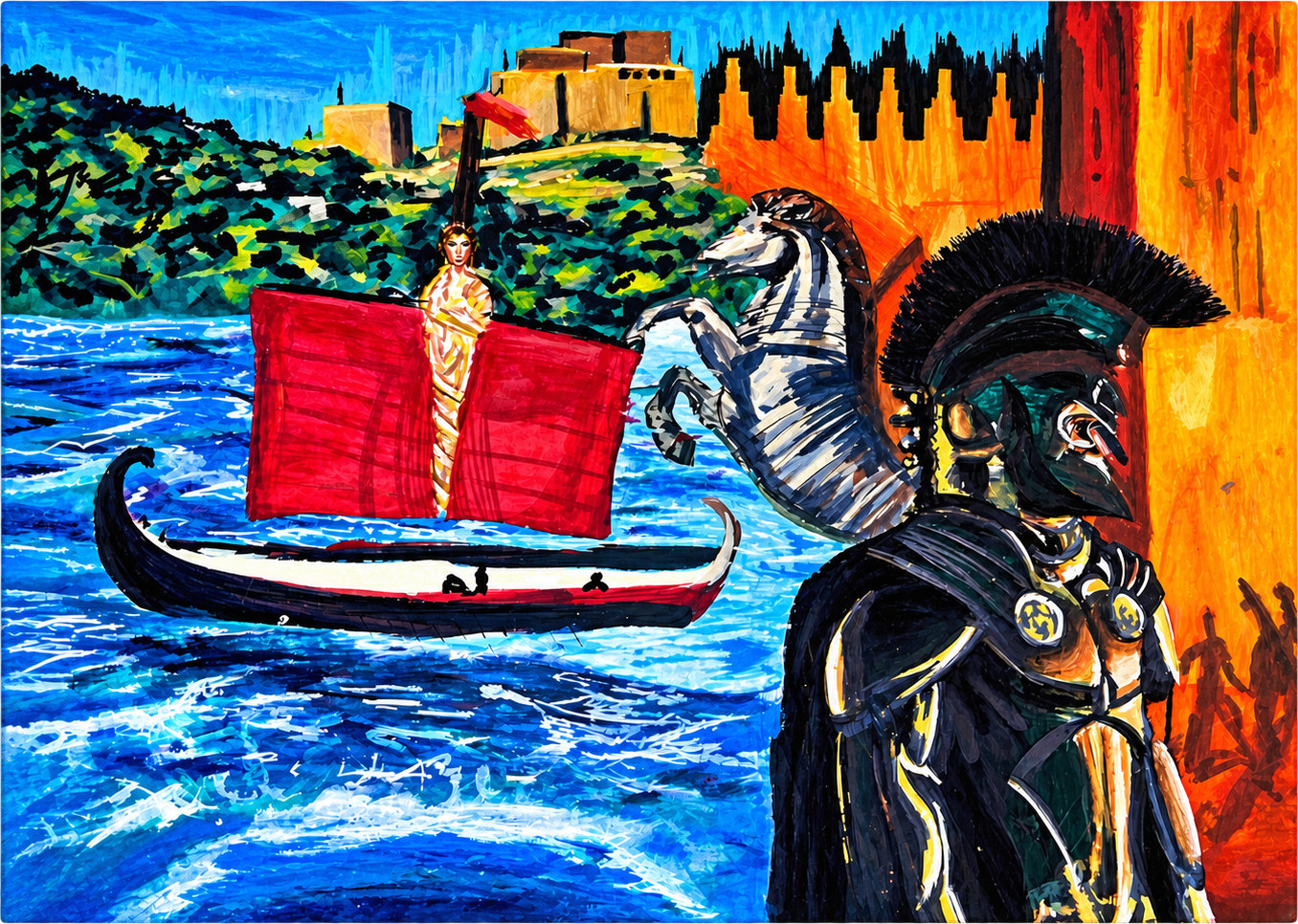 Painting of a helmeted warrior beside a rearing white horse and a ship with a red sail below a hilltop citadel