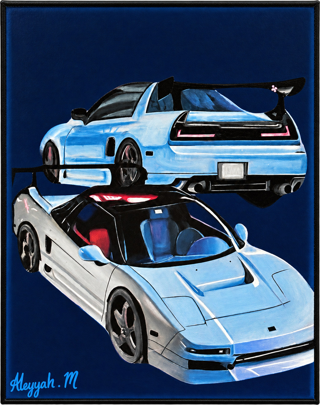 Painting of two pale blue and silver NSX sports cars on a deep navy background